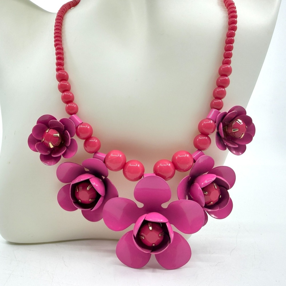 Charming Charlie  Hot Pink Statement Necklace Enamel Flower Cluster Bead Chunky